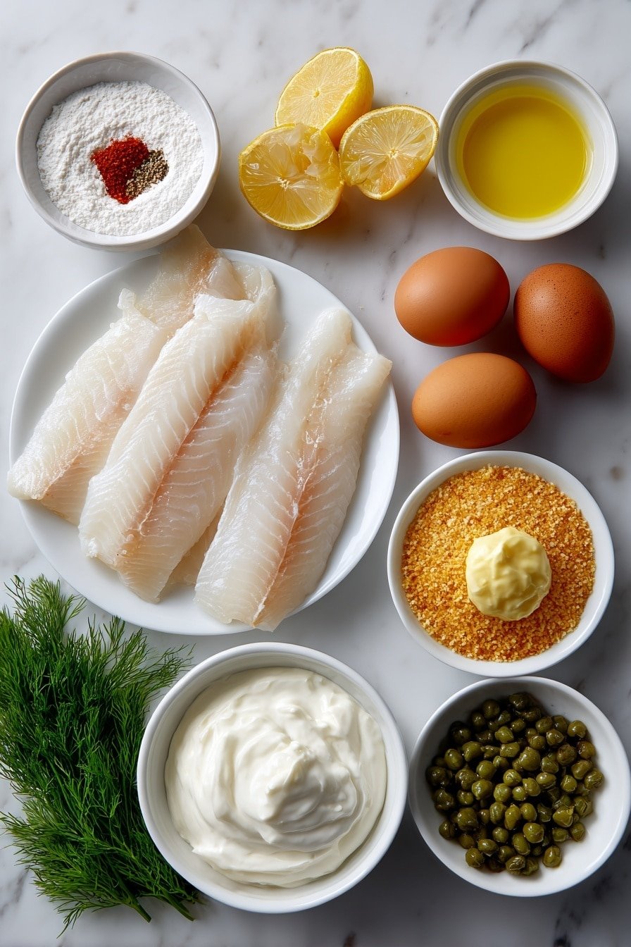 Crispy Baked Fish Sticks with Tartar Sauce Recipe - Ingredients Image — Crispy Baked Fish Sticks, homemade fish sticks with tartar sauce, easy fish stick recipe, crispy fish finger snacks, healthy baked fish sticks