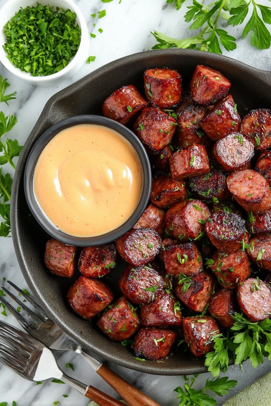 Spicy Sriracha Kielbasa Bites Recipe - Article Image 2 — Spicy Sriracha Kielbasa Bites, Kielbasa appetizer ideas, spicy sausage recipes, quick party appetizers, air fryer sausage bites