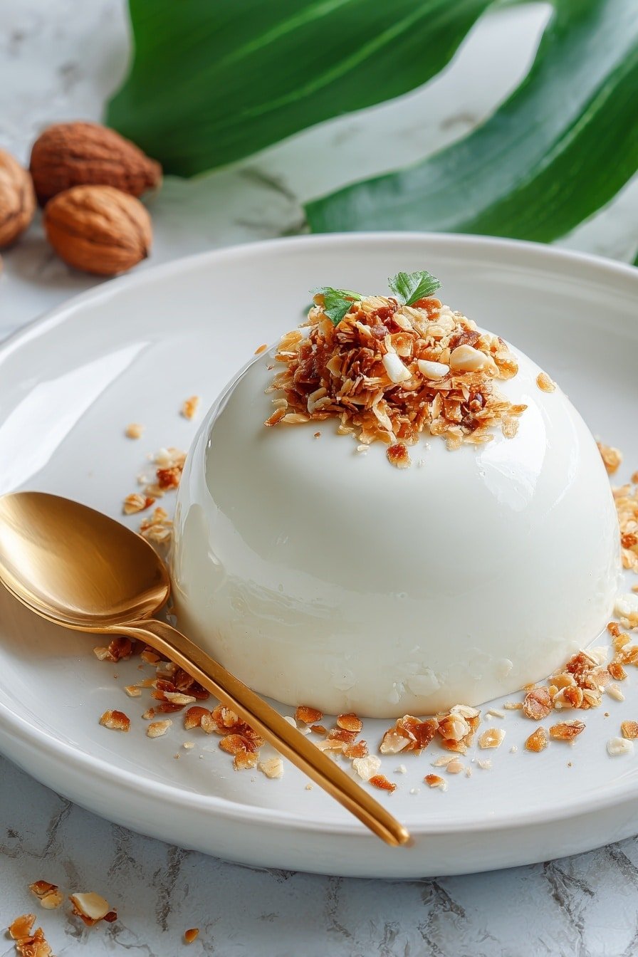 Toasted Coconut Panna Cotta Recipe - Article Image 1 — Toasted Coconut Panna Cotta, coconut panna cotta, tropical dessert, easy panna cotta recipe, coconut dessert