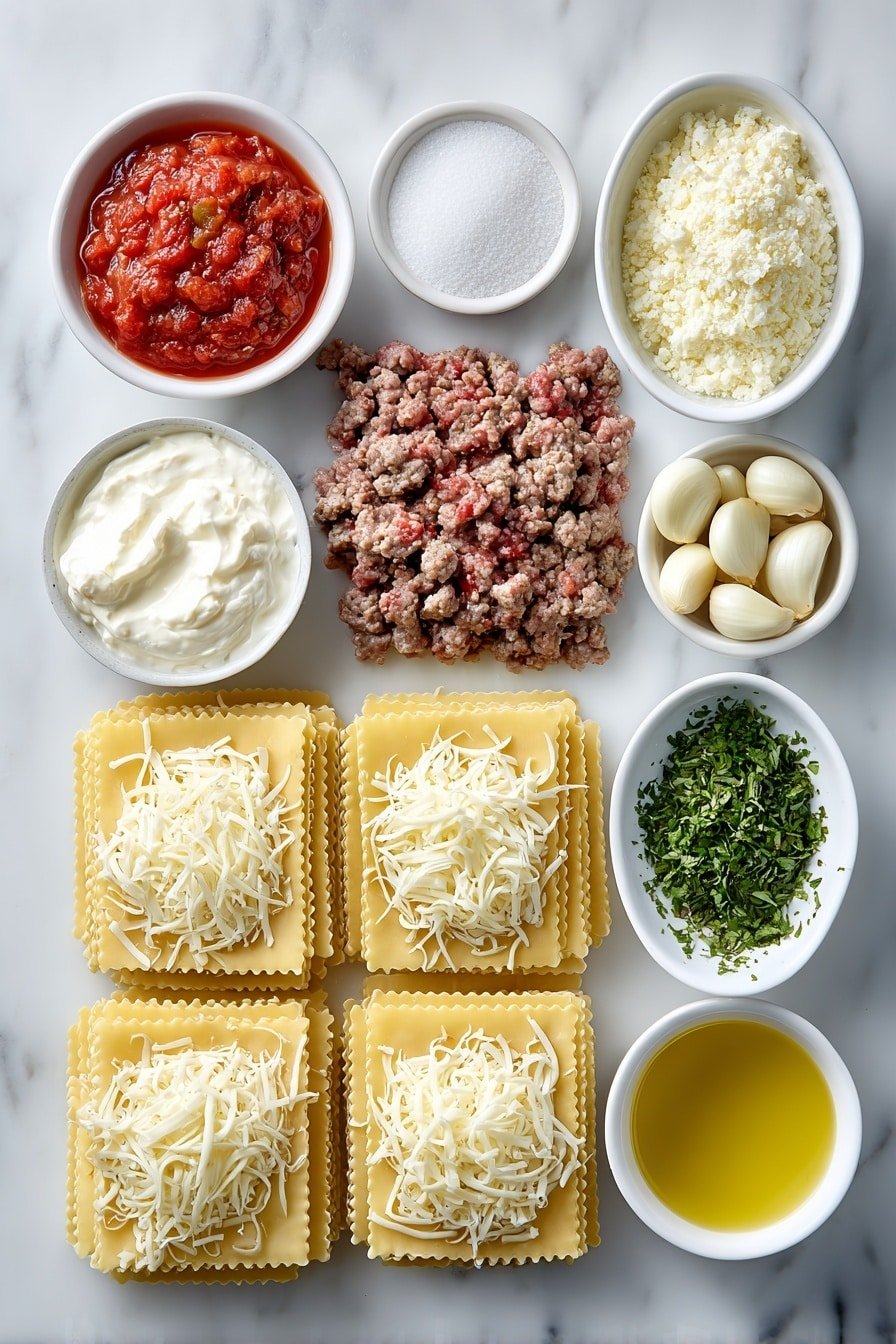 Flat lay of twelve uncooked no-boil lasagna noodles neatly stacked, a mound of raw ground beef and separate raw Italian sausage links, a medium yellow onion chopped into small pieces, four peeled garlic cloves finely minced, a small white bowl filled with crushed whole peeled tomatoes, a small white bowl of creamy whole milk ricotta cheese, a small white bowl heaped with shredded fresh mozzarella cheese, a small white bowl with grated fresh Parmesan cheese, two small piles of bright green chopped fresh basil and chopped fresh oregano, a small white bowl holding golden olive oil, and a small white bowl containing granulated white sugar, all arranged symmetrically on simple white ceramic dishes and bowls, placed on a clean white marble surface, soft natural light, photo taken with an iPhone, professional food photography style, fresh ingredients, white ceramic bowls, no bottles, no duplicates, no utensils, no packaging --ar 2:3 --v 7 --p m7354639359234015250 — Million Dollar Lasagna, best lasagna recipe, homemade lasagna, Italian lasagna, comforting lasagna dish