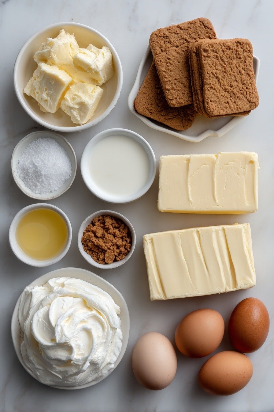 Flat lay of a small pile of whole Biscoff cookies, a small white bowl of melted unsalted butter, a small white bowl of cold heavy cream, three blocks of full-fat cream cheese with smooth surfaces, a small white bowl of powdered sugar, a small white bowl of creamy Biscoff cookie butter, a small white bowl of sour cream, a small white bowl of vanilla extract, a pinch of salt displayed as sea salt crystals on the marble, whole uncracked brown eggs (to represent the fresh aspect though not used in recipe), a small dollop of whipped cream on white ceramic plate, bread crumb-sized crushed Biscoff cookie bits on small white bowl, all arranged in perfect symmetry on a clean white ceramic dishes placed on a clean white marble surface, soft natural light, photo taken with an iPhone, professional food photography style, fresh ingredients, white ceramic bowls, no bottles, no duplicates, no utensils, no packaging --ar 2:3 --v 7 --p m7354639359234015250 — No Bake Biscoff Cheesecake Minis, Biscoff Cheesecake Minis, Biscoff Cheesecake, No Bake Cheesecake, Biscoff dessert