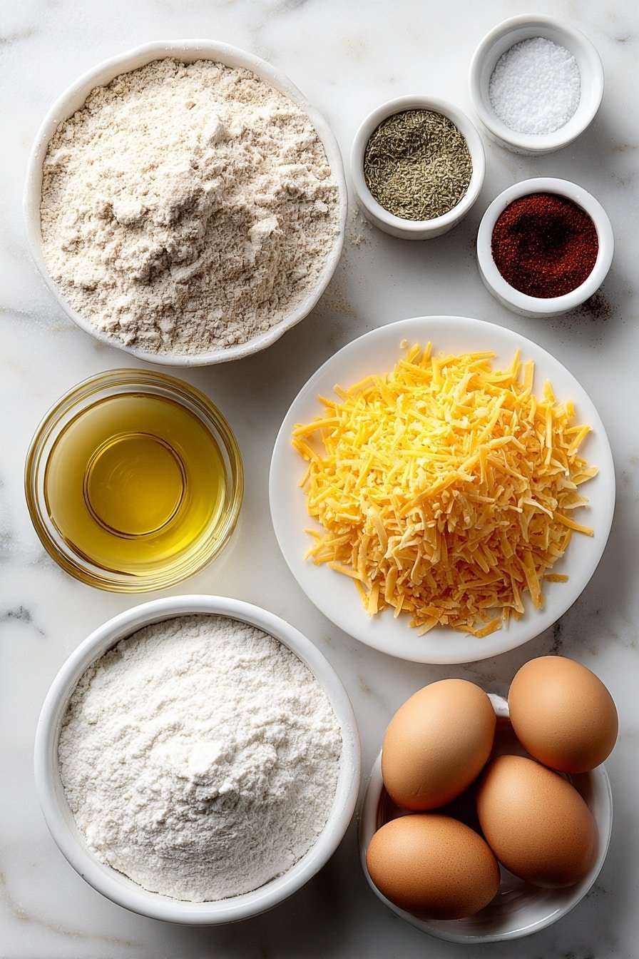 Flat lay of whole wheat flour in a small white ceramic bowl, sea salt crystals in a small white bowl, garlic powder gently heaped in a small white bowl, onion powder in a separate small white bowl, smoked paprika with a deep red hue in a small white bowl, a small white bowl holding golden olive oil, a mound of shredded low-fat cheddar cheese with a bright orange color on a simple white plate, three whole brown eggs with clean shells neatly arranged, and a small white bowl of clear water droplets placed in symmetry, all ingredients fresh and natural, arranged with perfect balance and symmetry, placed on a clean white marble surface, soft natural light, photo taken with an iPhone, professional food photography style, fresh ingredients, white ceramic bowls, no bottles, no duplicates, no utensils, no packaging --ar 2:3 --v 7 --p m7354639359234015250 — Cheese Crackers, homemade cheese crackers, savory cheese snack, easy cheese cracker recipe, crispy cheese crackers