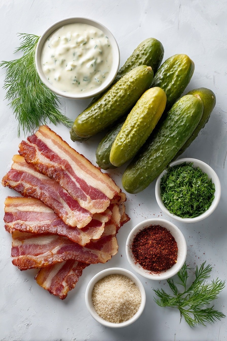 Bacon-Wrapped Pickles Appetizer Recipe - Ingredients Image — Bacon-Wrapped Pickles Appetizer, bacon-wrapped pickle appetizer, easy bacon pickles recipe, party appetizer with bacon and pickles, savory bacon pickle bites