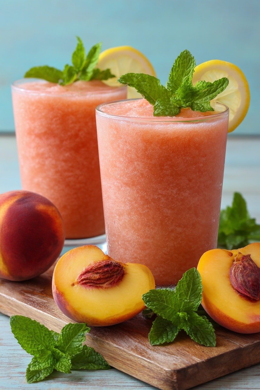 Frozen Peach Lemonade Slushie Recipe - Article Image 1 — Frozen Peach Lemonade Slushie, refreshing summer drinks, easy fruit slushie recipe, healthy cold beverages, quick homemade slushie