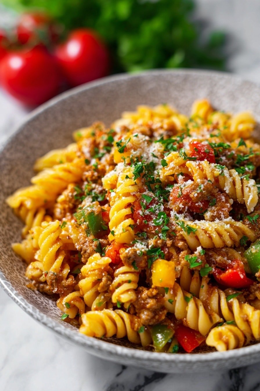 Cheesy Ground Beef Pasta Skillet Recipe - Article Image 1 — Cheesy Ground Beef Pasta Skillet, ground beef pasta dinner, quick cheesy pasta recipe, hearty skillet dinner, easy ground beef pasta