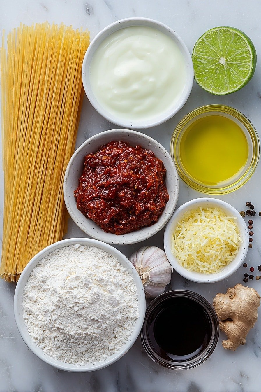 Thai Red Curry Noodles Recipe - Ingredients Image — Thai Red Curry Noodles, Thai red curry pasta, simple Thai noodle dish, spicy Thai noodle recipe, coconut milk Thai noodles