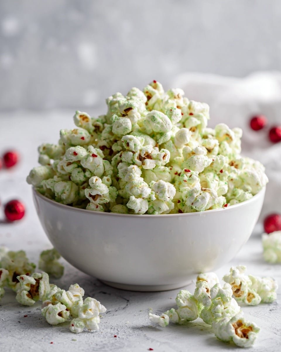 Grinch Green Popcorn Recipe - Recipe Image — Grinch Green Popcorn, festive popcorn snack, holiday treat recipe, green candy coated popcorn, easy holiday snack