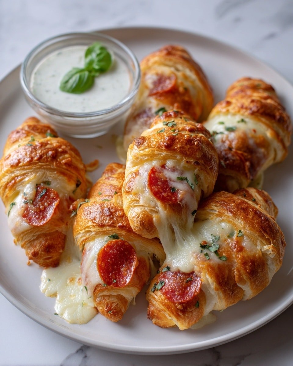 The image shows a white plate filled with six croissant-shaped rolls that are golden brown and flaky, each topped with melted white cheese that stretches slightly, a round slice of red pepperoni, and bits of grated cheese baked on top giving a crispy texture. Small dark green herb flakes are scattered on and around the rolls, adding a touch of color. The plate sits on a wooden surface. photo taken with an iphone --ar 4:5 --v 7 — Gooey Mozzarella Pepperoni Croissant Rolls, quick croissant roll recipes, savory snack ideas, cheesy pepperoni pastries, 30-minute appetizer recipes
