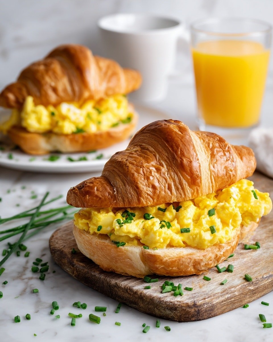 The image shows two croissant sandwiches filled with scrambled eggs topped with small green herb pieces. The croissants are golden brown with a flaky texture, and the scrambled eggs inside are fluffy and creamy, bright yellow in color. One croissant is placed on a light brown wooden board with scattered herbs around it, while the other is on a white plate in the background. Near the croissants, there is a clear glass of orange juice and a white mug on a white marbled surface. The focus is on the croissant in front, highlighting its glossy layers and the soft eggs inside. Photo taken with an iphone --ar 4:5 --v 7 — Cheesy Scrambled Egg Croissants, Breakfast Croissant Recipes, Quick Morning Breakfast Ideas, Fluffy Egg and Cheese Pastry, Easy Croissant Breakfast