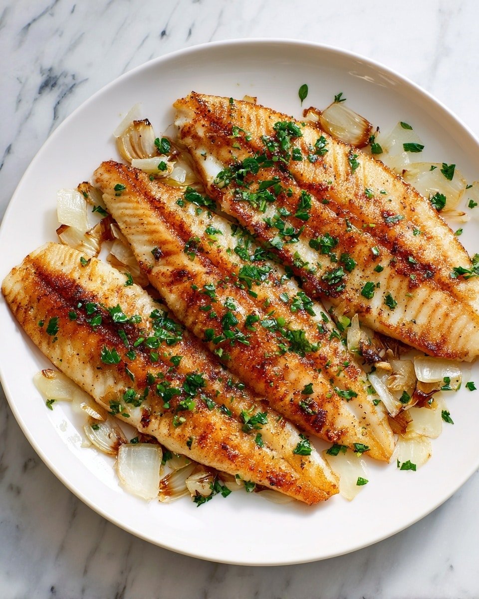 Two pieces of cooked fish with light golden brown skin are placed side by side on a white plate. The top piece is slightly overlapping the bottom piece. Toasted almond slices and green parsley leaves are scattered on top of the fish and around the plate. A light brown sauce pools around the fish, giving a shiny touch. The plate rests on a white marbled surface. photo taken with an iphone --ar 4:5 --v 7 — Fish Almondine, Fish Almondine recipe, how to make Fish Almondine, easy Fish Almondine, Almond Crusted Fish