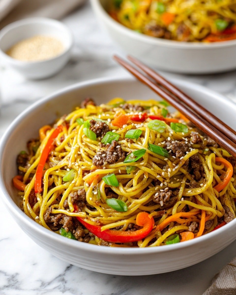 The dish is shown in a deep white bowl filled with cooked yellow noodles as the main layer, mixed with thin strips of brown meat scattered throughout. On top, there are thin slices of red bell pepper and bright orange carrot pieces, along with small green onion strips adding fresh color. White sesame seeds are sprinkled over the whole dish. A pair of brown chopsticks rests on the edge of the bowl, and the bowl sits on a white marbled surface with a second bowl of the same dish blurred in the background. A small white bowl with sesame seeds is also visible in the background. The photo taken with an iphone --ar 4:5 --v 7 — Teriyaki Beef Noodles, easy teriyaki noodle stir-fry, savory beef and egg noodles, homemade teriyaki sauce recipes, quick Asian beef noodles