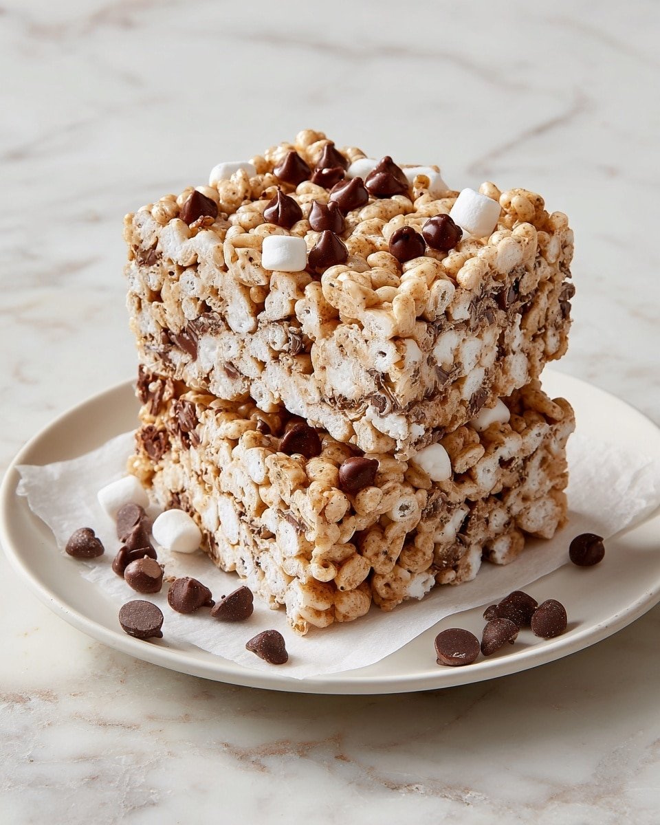 Two square cereal bars stacked on top of each other are shown on a white plate lined with white parchment paper. Each bar has a mix of light beige puffed rice, white marshmallow pieces, and chocolate chips scattered throughout. The top bar highlights chocolate chips scattered on its surface along with the cereal and marshmallows, showing a rough texture made from stuck-together cereal. Some chocolate chips are loose on the plate around the bars. The plate sits on a surface with a white marbled texture. The photo taken with an iphone --ar 4:5 --v 7 — Chocolate Chip Rice Krispies, homemade Rice Krispies treats with chocolate chips, easy Rice Krispies dessert recipes, beginner-friendly Rice Krispies snack, classic chocolate chip treats