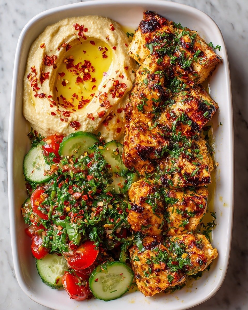Spicy Garlic Chicken Bowl with Hummus & Cucumber Salad Recipe - Recipe Image — Spicy Garlic Chicken Bowl, Spicy Garlic Chicken Bowl with Hummus & Cucumber Salad, healthy chicken bowl recipes, quick chicken dinner ideas, flavorful chicken bowl