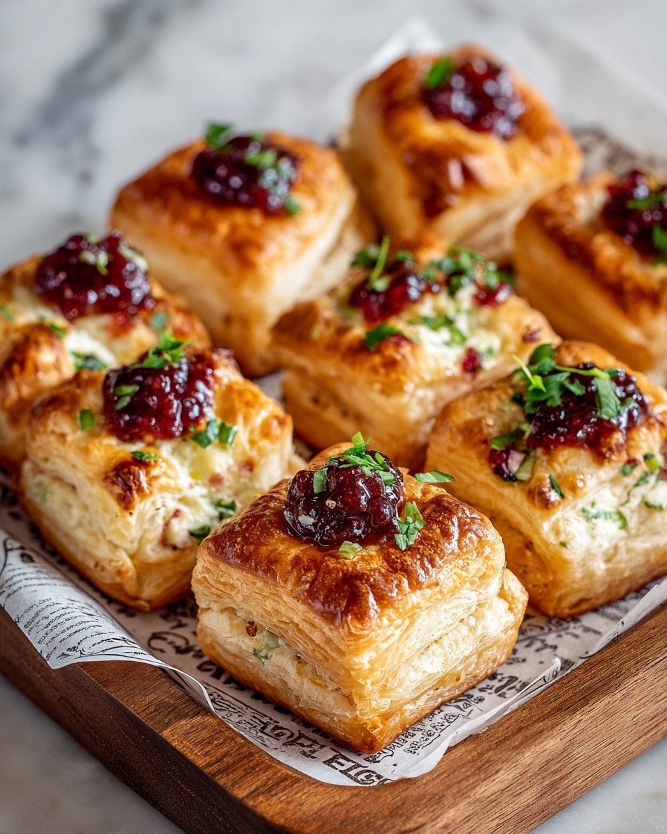 The image shows eight golden-brown puff pastry squares with a flaky, crisp texture on a wooden tray lined with printed paper. Each square has visible layers of light, airy pastry puffed up on all sides, and the front pastry reveals a creamy white cheese filling with herbs and small bits of red inside. On top of every puff pastry square is a dollop of dark red jam or chutney, garnished with small bits of fresh green herbs, giving a colorful contrast to the warm golden color of the pastry. The background is a white marbled texture. photo taken with an iphone --ar 4:5 --v 7 — Jalapeño and Cranberry Cream Cheese Bites, spicy cranberry cream cheese appetizers, easy holiday finger foods, savory sweet party snacks, quick appetizer ideas