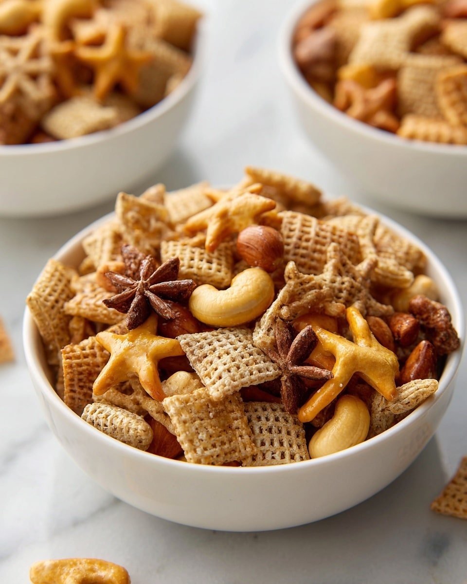 The image shows a white bowl full of a snack mix that includes light brown square cereal pieces with a waffle texture, darker brown star-shaped pretzels, shiny cashew nuts, and thin curved sticks. The snack looks crunchy and has a mix of matte and glossy textures, highlighting the caramel coating on some pieces. Behind the bowl, there are more bowls filled with the same snack mix on a white marbled surface. The lighting brings out the warm brown and beige shades of the snack. Photo taken with an iphone --ar 4:5 --v 7 — Toffee Chex Mix, Toffee Chex Mix Recipe, homemade snack ideas, caramel Chex mix, sweet crunchy treat