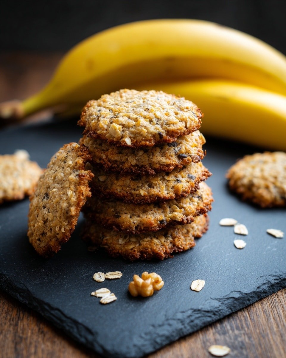A pile of round oatmeal cookies with a rough texture and visible oats and small dark nuts is stacked in the center of a black slate board. The cookies are light brown with slightly darker toasted edges. Around the board, there are a few scattered oats and walnut pieces. Two whole yellow bananas with smooth skins lie behind the cookies. The black slate board rests on a wooden table with visible grain. photo taken with an iphone --ar 4:5 --v 7 — Banana Oatmeal Cookies, Healthy Banana Cookies, Easy Oatmeal Cookies, Ripe Banana Cookie Recipe, No-Bake Oatmeal Cookies
