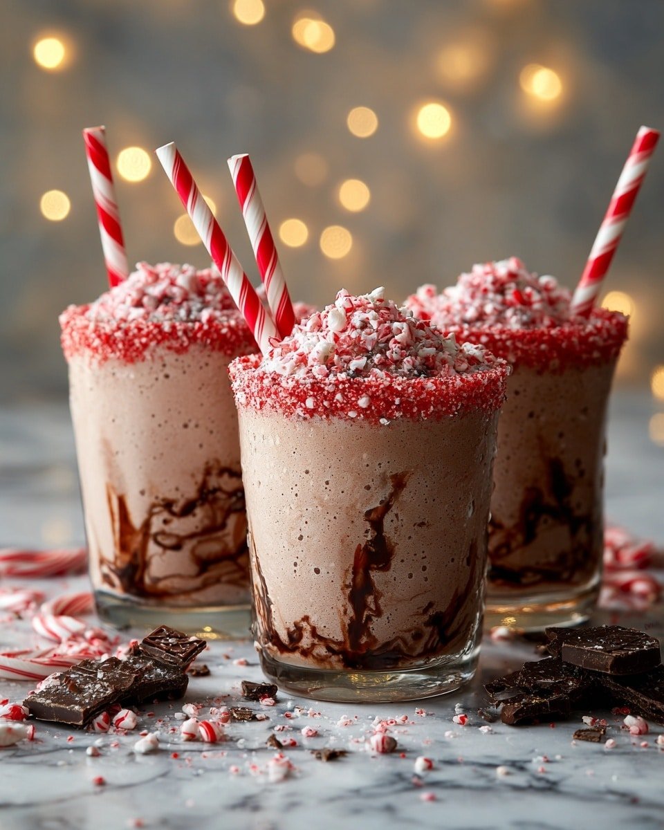 Three clear glass cups hold a creamy light brown drink with dark brown chocolate swirls inside, each topped with crushed red and white candy pieces. Each cup’s rim is coated with red crushed candy, and a red-and-white striped straw sticks out from each drink. The cups rest on a white marbled surface, scattered with small chocolate chunks and broken candy canes. The background is softly blurred with warm lights, creating a cozy mood. photo taken with an iphone --ar 4:5 --v 7 — Festive Naughty Elf Cocktail, holiday mint chocolate cocktail, Christmas party drinks, peppermint chocolate cocktail, festive holiday beverages