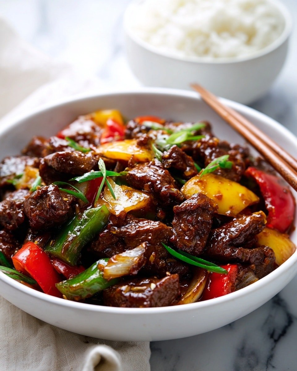 The image shows a white bowl filled with a stir-fry dish made of dark brown meat slices mixed with chunky pieces of bright orange carrots, green bell peppers, and pale translucent onions, all coated in a thick glossy brown sauce. The vegetables and meat pieces are evenly layered and spread throughout the bowl, creating a colorful and textured mix. To the right, a white bowl contains plain white rice, while a pair of chopsticks with white tips rests nearby on the white marbled surface. A green plant is partially visible in the upper left corner, adding a fresh touch to the setting. Photo taken with an iphone --ar 4:5 --v 7 — Black Pepper Beef Stir Fry, beef stir fry recipes, easy Asian beef dishes, quick dinner ideas, savory beef stir fry