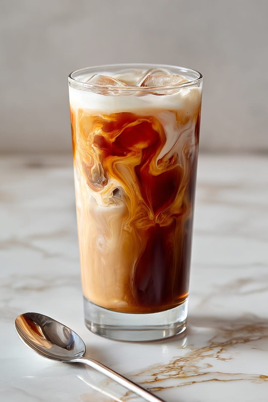 A clear glass is filled with a cold dark brown coffee layer at the bottom, with creamy light brown swirls mixing into it above. The top layer is frothy and light tan, with ice cubes visible within the drink, adding a textured look. The glass sits on a square white marble slab, and the background is also a smooth white marble texture. A small white bowl with a spice mix can be seen near the bottom right corner. Photo taken with an iphone --ar 2:3 --v 7 — Brown Sugar Shaken Espresso, iced coffee with brown sugar, caramelized espresso drink, frothy espresso beverage, cinnamon coffee cocktail