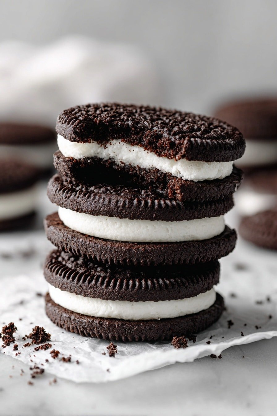 The image shows a close-up of three black sandwich cookies stacked on top of each other. Each cookie has two dark, cracked textured layers with a smooth thick white cream layer in the middle. The top cookie has a bite taken out, revealing the cream inside. The cookies rest on white wax paper on a white marbled surface with some cookie crumbs scattered nearby. There are more cookies blurred in the background. photo taken with an iphone --ar 2:3 --v 7 — Black Velvet Cheesecake Cookies, chocolate dessert cookies, creamy cheesecake cookies, chocolate and cream cookies, easy cheesecake cookie recipe