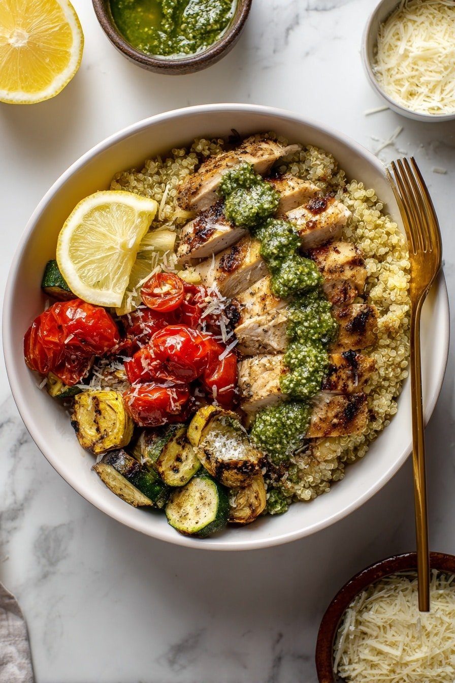 Pesto Chicken Quinoa Bowl Recipe - Article Image 2 — Pesto Chicken Quinoa Bowl, healthy quinoa bowls, easy dinner recipes, protein-packed chicken bowls, veggie quinoa recipes