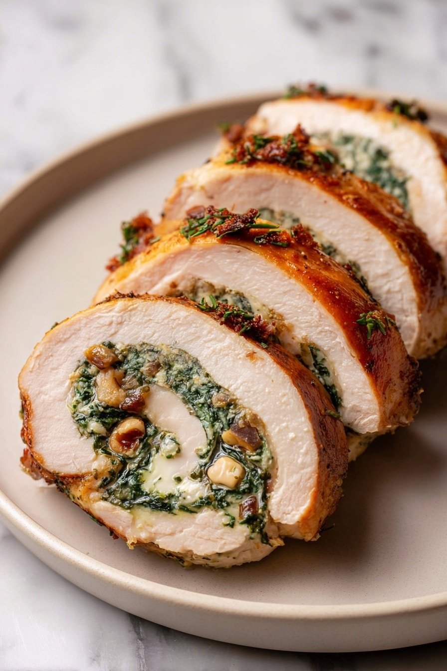A white plate holds a sliced roll with five visible pieces, each piece showing three layers: the outer layer is golden-brown cooked meat with a slightly shiny texture, the middle layer is a dark green spinach filling, and the innermost layer is light beige with bits of red, likely tomato or pepper. The meat roll is sprinkled with small green herb pieces. A silver fork rests on the plate’s right side near the roll, alongside sprigs of fresh green herbs. The plate sits on a white marbled surface, and a gray cloth is partially visible on the left side. Photo taken with an iphone --ar 2:3 --v 7 — Stuffed Turkey Breast, Stuffed Turkey Breast Recipe, Holiday Turkey Dinner, Easy Turkey Roll-Ups, Juicy Turkey Breast