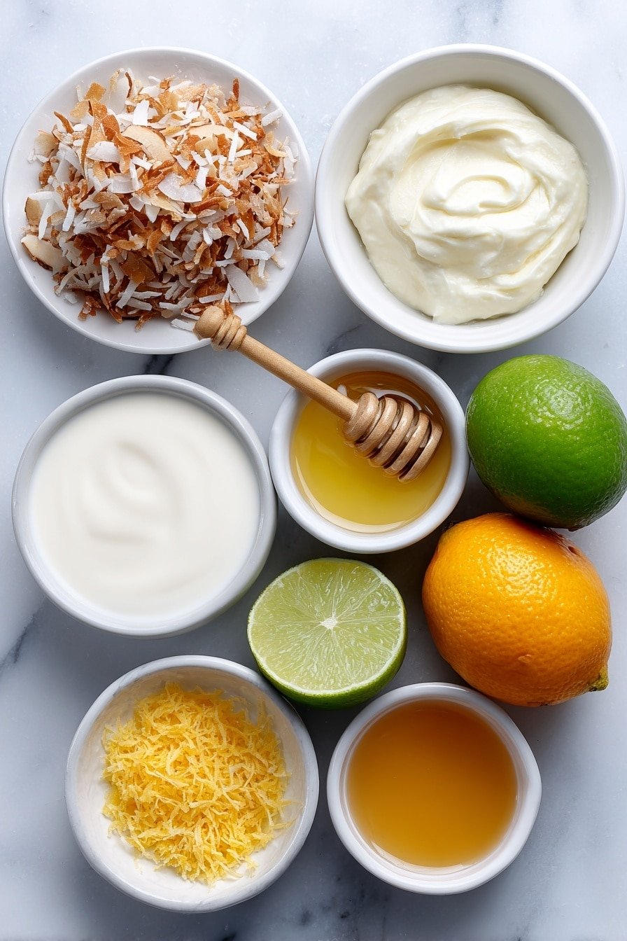 Flat lay of a small white ceramic bowl of fresh coconut water, a small white bowl filled with creamy coconut milk, a small white bowl of bright orange juice, a small white bowl holding golden maple syrup, a whole fresh lime fruit beside a small white bowl of freshly squeezed lime juice, a cluster of toasted coconut flakes on a simple white plate, a small pile of vivid orange and lime zest on a white plate, a raw honeycomb piece placed next to a small white bowl of honey, and a few whole fresh oranges and limes arranged symmetrically, all elements fresh and natural, placed on a clean white marble surface, soft natural light, photo taken with an iPhone, professional food photography style, fresh ingredients, white ceramic bowls, no bottles, no duplicates, no utensils, no packaging --ar 2:3 --v 7 --p m7354639359234015250 — Coconut Orange Creamsicle Drink, Coconut Orange Drink, Tropical Citrus Mocktail, Creamy Citrus Beverage, Easy Summer Cocktail