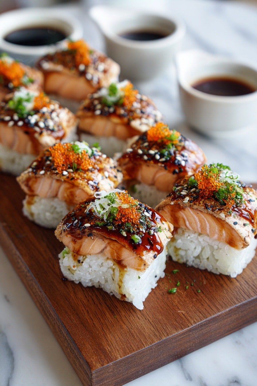 The image shows eight pieces of sushi placed in two rows on a wooden board. Each sushi piece has three layers: the bottom layer is white sticky rice, the middle layer is a thick slice of cooked salmon with a slightly pink color, and the top layer is glazed with a dark brown sauce and sprinkled with orange fish roe, green chopped herbs, black and white sesame seeds, and small green onion slices. In the background, there are two small white bowls with dark and light sauces, and the scene is set on a white marbled surface. The photo taken with an iphone --ar 2:3 --v 7 — Spicy Salmon Sushi Bake, sushi bake recipe, spicy salmon casserole, baked sushi dish, easy seafood dinner