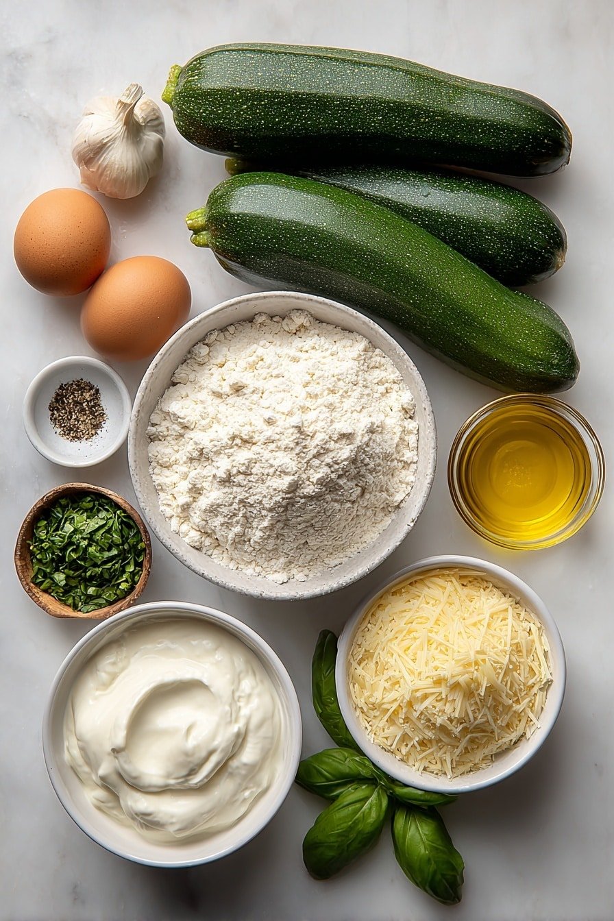 Flat lay of three fresh whole zucchinis, two whole brown eggs with clean shells, a small white ceramic bowl of plain white flour, a small white ceramic bowl of finely grated pale yellow Parmesan cheese, a small white ceramic bowl of creamy white plain yogurt, a single peeled garlic clove, a small white ceramic bowl of golden olive oil, a small white ceramic bowl with mixed salt and black pepper, and a small pile of fresh green mint and basil leaves finely chopped, all arranged symmetrically and balanced on a clean white marble surface, soft natural light, photo taken with an iPhone, professional food photography style, fresh ingredients, white ceramic bowls, no bottles, no duplicates, no utensils, no packaging --ar 2:3 --v 7 --p m7354639359234015250 — Soft Zucchini Pancakes with Parmesan, zucchini pancake recipes, easy savory zucchini pancakes, healthy zucchini breakfast, garlic Parmesan zucchini fritters