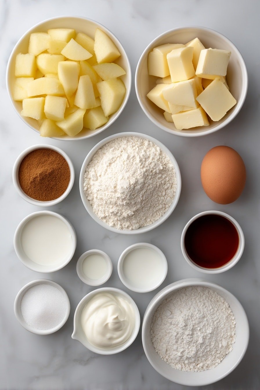 Flat lay of peeled and chopped medium baking apples in a simple white ceramic bowl, a small white bowl of light brown sugar, a small white bowl of ground cinnamon powder, a small white bowl of ground ginger powder, one large whole uncracked egg with a clean shell, a small white bowl of white granulated sugar, a small white bowl of vegetable oil, a small white bowl of full-fat sour cream, a small white bowl of vanilla extract, a small white ceramic bowl of all-purpose flour, a small white bowl of baking soda, a small white bowl of kosher salt, a small white bowl of sifted powdered sugar, a small white bowl of milk placed symmetrically on a clean white marble surface, soft natural light, photo taken with an iPhone, professional food photography style, fresh ingredients, white ceramic bowls, no bottles, no duplicates, no utensils, no packaging --ar 2:3 --v 7 --p m7354639359234015250 — Apple Fritter Bread, cinnamon apple bread, soft apple dessert, easy apple quick bread, homemade apple loaf