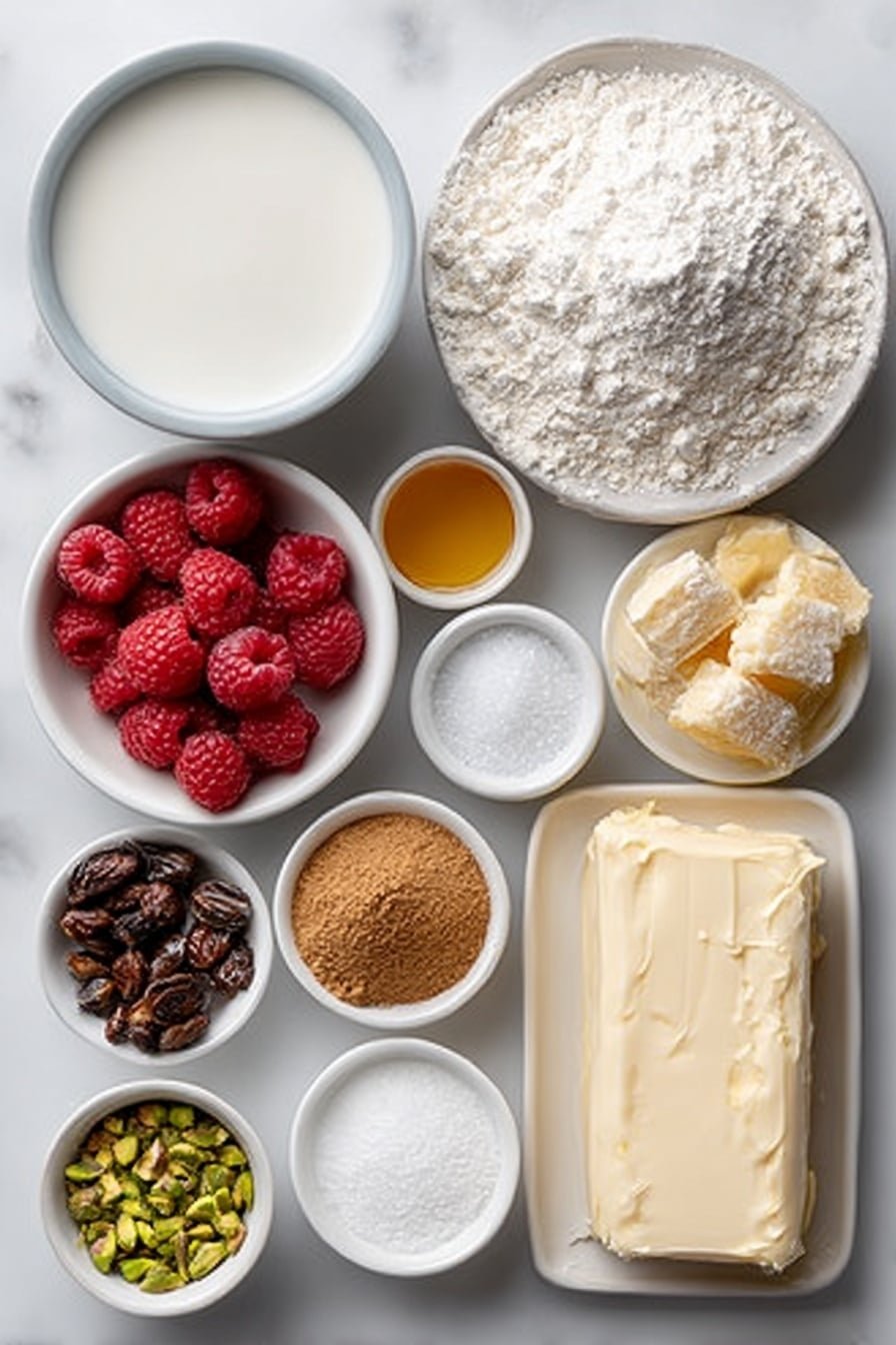Flat lay of fresh raspberries in a small white ceramic bowl, a few loose raspberries scattered nearby, a small white bowl with granulated sugar, a small white bowl with cornstarch, a small white bowl with water, a fresh lemon wedge, a mound of pale all-purpose flour on a simple white ceramic plate, a small white bowl with warm dairy-free milk, a slab of creamy vegan butter on a plain white ceramic dish, a small white bowl with granulated sugar for the dough, a small white bowl with instant dry yeast, small piles of ground cinnamon and ground nutmeg on white ceramic dishes, a small white bowl with chopped vegan chocolate chunks, a small white bowl with raisins, a small white bowl with ground ginger, a small white bowl with chopped pistachios, a small white bowl with sugar and water for glaze placed side by side, all ingredients fresh and natural in perfect symmetry on a clean white marble surface, soft natural light, photo taken with an iPhone, professional food photography style, fresh ingredients, white ceramic bowls, no bottles, no duplicates, no utensils, no packaging --ar 2:3 --v 7 --p m7354639359234015250 — Raspberry Pine Nut Wreath, Raspberry Pine Nut Wreath recipe, easy raspberry wreath, festive fruit wreath, baked raspberry wreath
