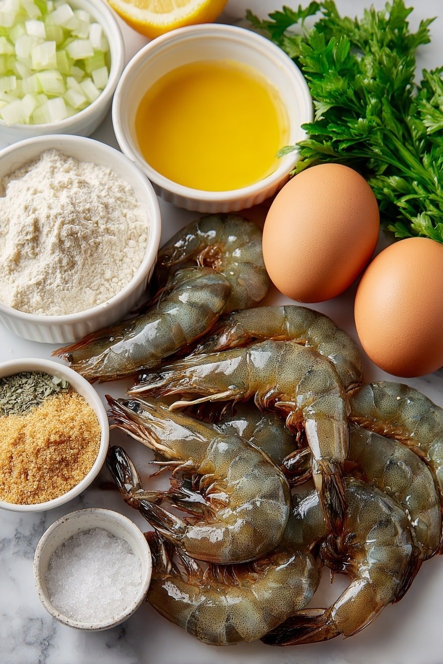 Flat lay of six large black tiger shrimp with tails intact, a few fresh green parsley sprigs, two whole brown hard-boiled eggs with clean shells, a small white bowl of finely diced white onion, a small white bowl of pale yellow Japanese mayonnaise, a small white bowl of bright yellow lemon juice, a small white bowl of white granulated sugar, a small white bowl of salt and black pepper mixture, a small white bowl of white all-purpose flour, a small white bowl with one whole raw brown egg with clean shell, a small white bowl of light golden panko breadcrumbs, a few natural bamboo skewers longer than the shrimp, all arranged symmetrically on a simple white ceramic surface, placed on a clean white marble surface, soft natural light, photo taken with an iPhone, professional food photography style, fresh ingredients, white ceramic bowls, no bottles, no duplicates, no utensils, no packaging --ar 2:3 --v 7 --p m7354639359234015250 — Crispy Ebi Fry with Tartar Sauce, Japanese shrimp fry, homemade Ebi Fry, crunchy shrimp recipe, easy Japanese seafood dish