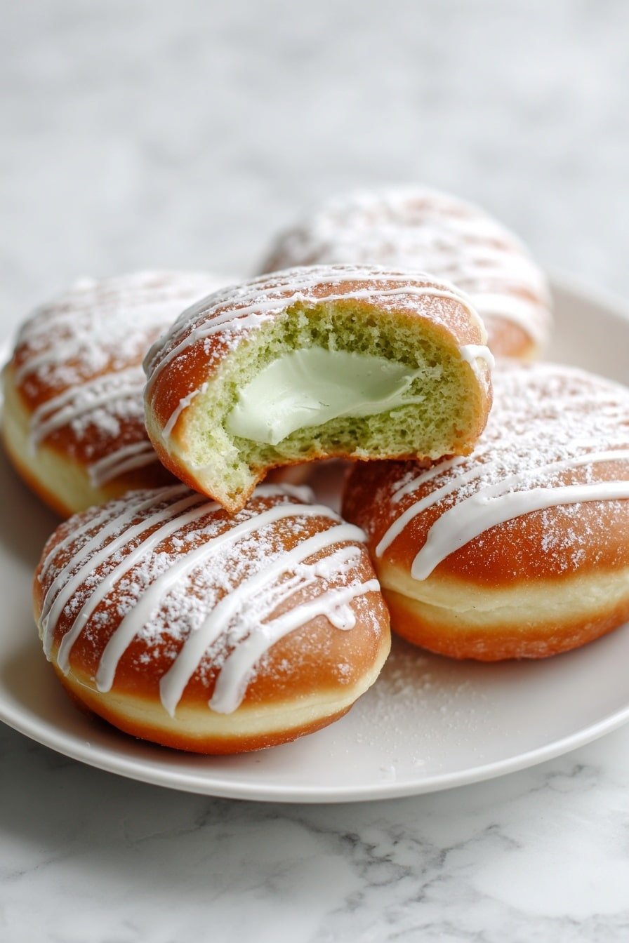 A stack of six round donuts with a golden brown outer layer sits on a white plate placed on a white marbled surface. Each donut has a thick dusting of white powdered sugar on top. The top two donuts have light green icing dripping down their sides, with crushed green nuts sprinkled on the icing around the central hole, creating a textured look. The other four donuts show only the powdered sugar on top. The lighting highlights the soft and fluffy texture of the donuts and the glossy smoothness of the icing. photo taken with an iphone --ar 2:3 --v 7 — Pistachio Doughnuts with Cream Filling, pistachio doughnut recipe, homemade pistachio filled doughnuts, tender doughnut recipe, pistachio cream filling