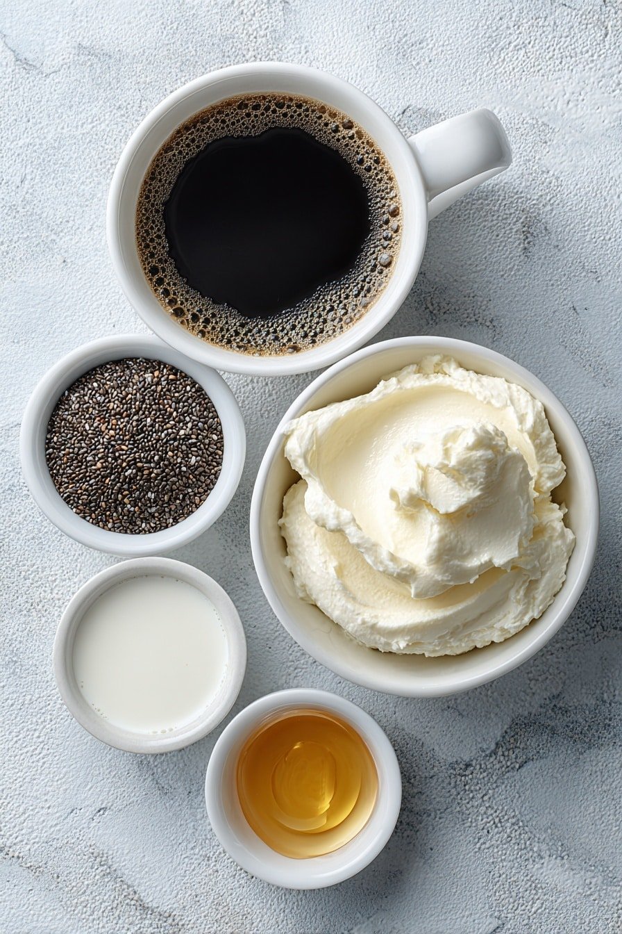 Coffee Chia Seed Pudding Recipe - Ingredients Image — Coffee Chia Seed Pudding, Coffee Chia Pudding, Healthy Coffee Breakfast, Vegan Chia Pudding, Easy Coffee Dessert