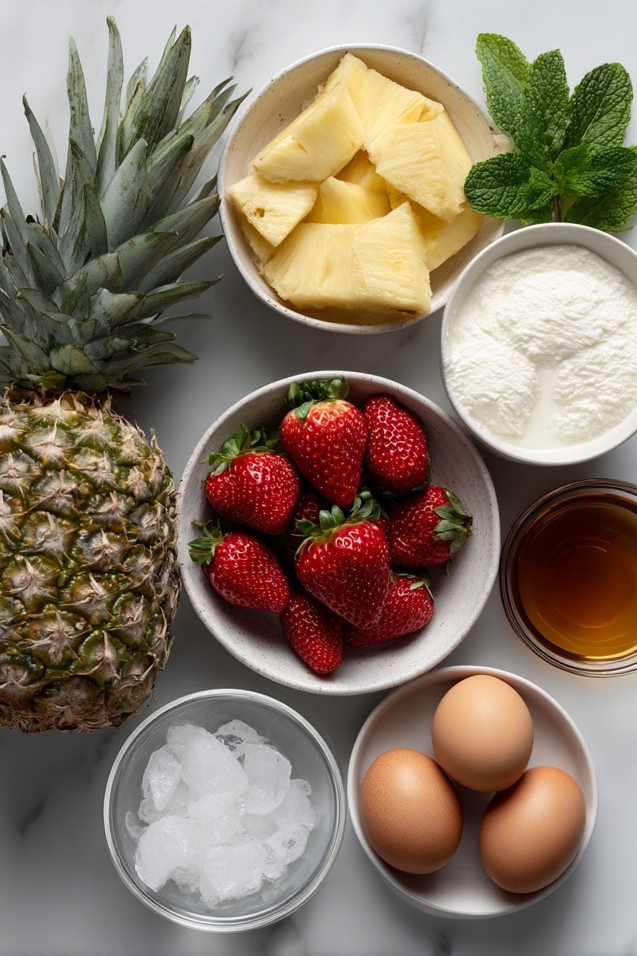 Virgin Strawberry Pina Colada Recipe - Ingredients Image — Virgin Strawberry Pina Colada, non-alcoholic tropical cocktail, healthy fruit smoothie, easy virgin pina colada, refreshing strawberry pineapple drink