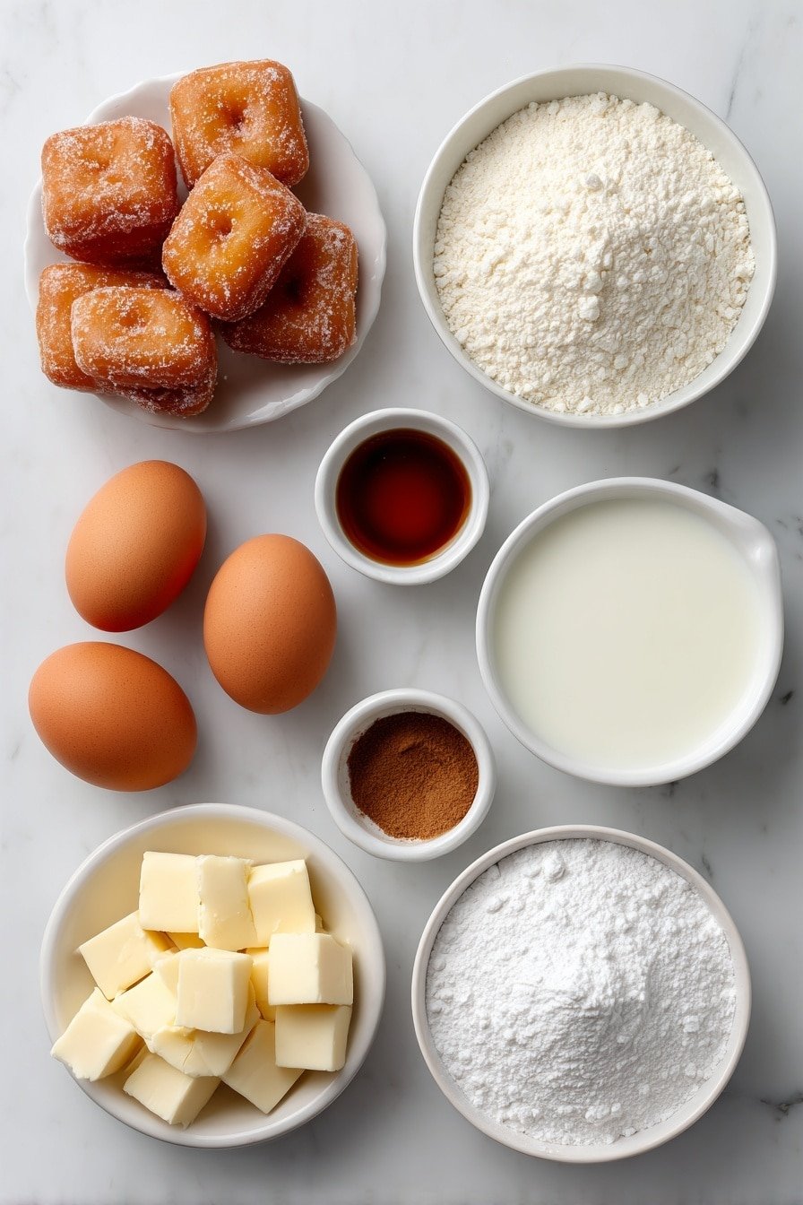 Flat lay of fresh uncut glazed Krispy Kreme donuts cut into irregular chunks, a small white ceramic bowl of whole milk, a small white ceramic bowl of heavy cream, three large whole brown eggs with clean shells, a small white ceramic bowl filled with granulated sugar crystals, a small white ceramic bowl holding vanilla extract, a small white ceramic bowl with ground cinnamon powder, a small pinch of salt delicately placed on the surface, and a small white ceramic bowl containing powdered sugar beside another small white ceramic bowl with milk for glaze, all arranged in perfect symmetry and balanced proportions, placed on a clean white marble surface, soft natural light, photo taken with an iPhone, professional food photography style, fresh ingredients, white ceramic bowls, no bottles, no duplicates, no utensils, no packaging --ar 2:3 --v 7 --p m7354639359234015250 — Krispy Kreme Donut Bread Pudding, Donut Bread Pudding Recipe, Easy Krispy Kreme Dessert, Comfort Food Recipes, Sweet Breakfast Ideas