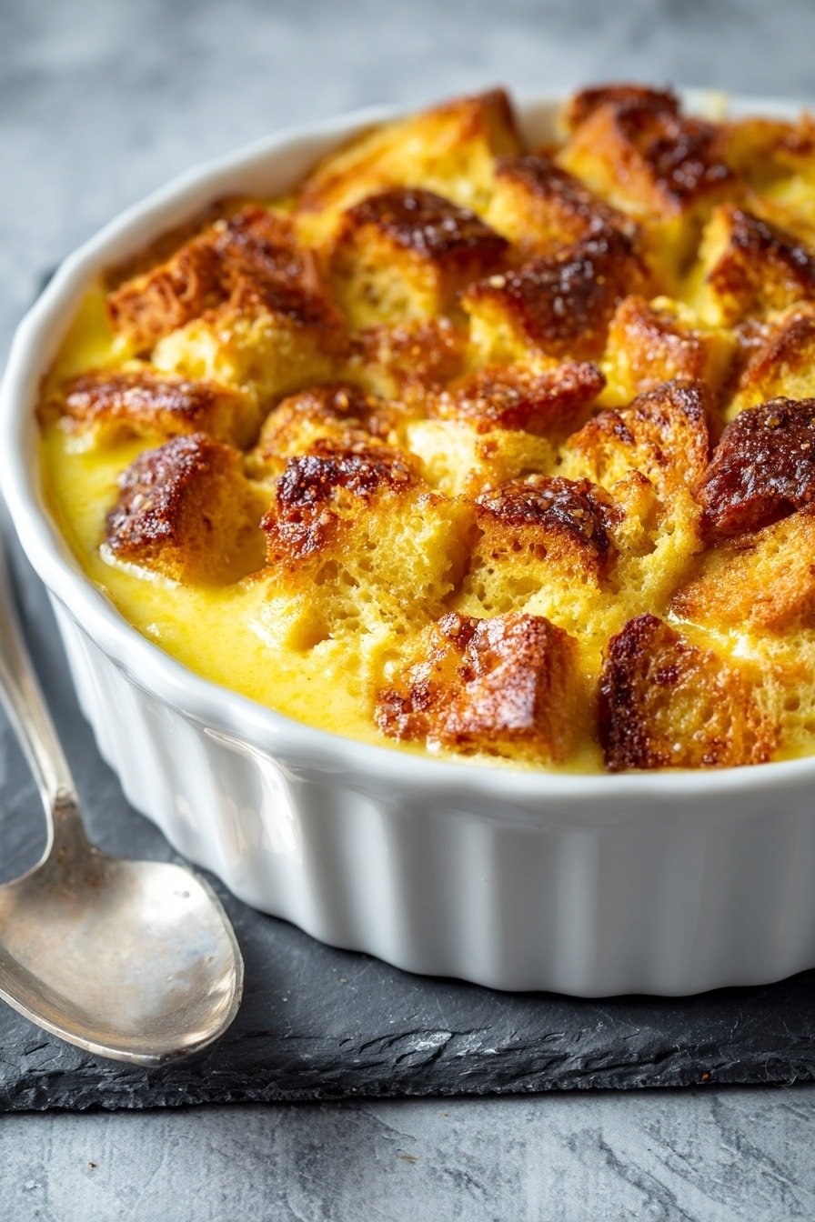 A close-up view of a white round baking dish filled with bread pudding. The top layer shows golden brown toasted bread pieces with a slightly crispy texture, and between them is a smooth, creamy custard with a glossy yellowish shine from melted butter or syrup. The bread pieces are unevenly shaped, creating a rough, textured surface with shiny spots of syrup or melted butter. The dish rests on a dark gray stone-like surface with a silver spoon placed on the side, reflecting light. Photo taken with an iphone --ar 2:3 --v 7 — Krispy Kreme Donut Bread Pudding, Donut Bread Pudding Recipe, Easy Krispy Kreme Dessert, Comfort Food Recipes, Sweet Breakfast Ideas
