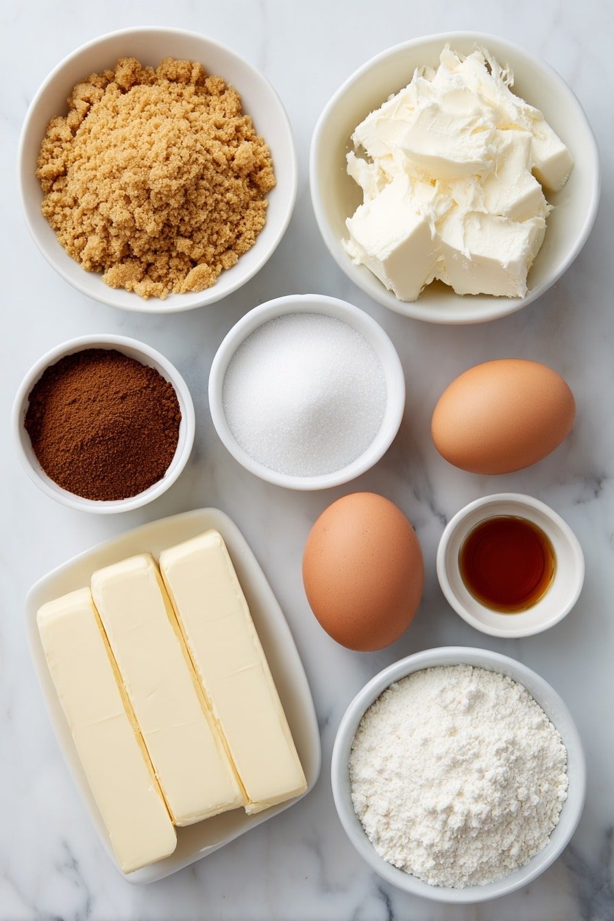 Flat lay of a small mound of golden graham cracker crumbs, a few tablespoons of melted unsalted butter in a small white bowl, a small white bowl of granulated sugar, a small white bowl of ground cinnamon, three smooth blocks of cream cheese, a small white bowl of sour cream, three large whole brown eggs with clean shells, a small white bowl of vanilla extract, a small white bowl of packed brown sugar, a small white bowl of powdered sugar, a small white bowl of milk placed on a clean white marble surface, soft natural light, photo taken with an iPhone, professional food photography style, fresh ingredients, white ceramic bowls, no bottles, no duplicates, no utensils, no packaging --ar 2:3 --v 7 --p m7354639359234015250 — Cinnamon Roll Cheesecake with Honeybun Swirl, Cinnamon Roll Cheesecake, Honeybun Swirl Dessert, cinnamon cheesecake recipe, indulgent cinnamon dessert