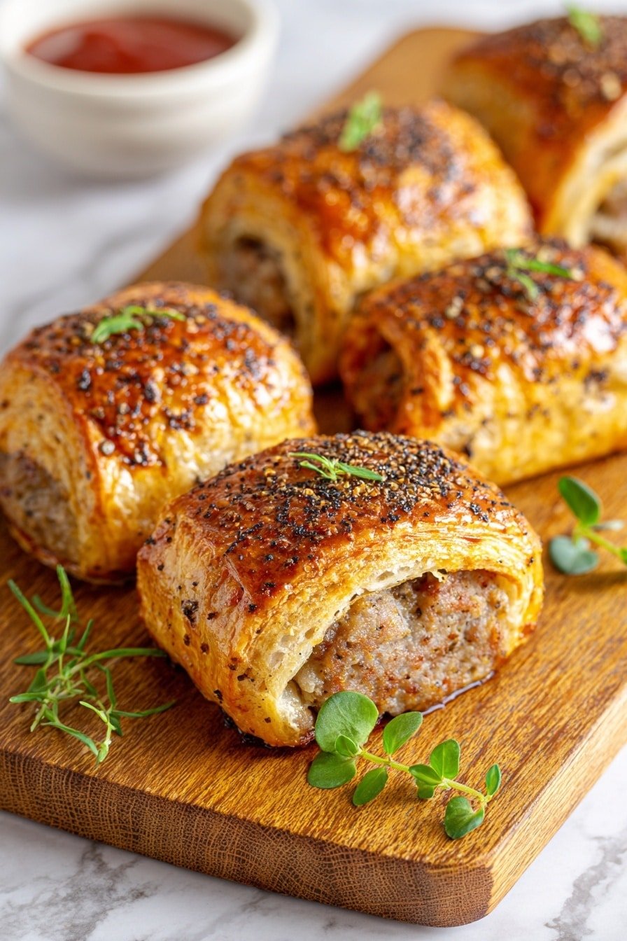 French Onion Sausage Rolls Recipe - Article Image 2 — French Onion Sausage Rolls, savory pastry with caramelized onions, easy sausage roll recipe, comforting brunch ideas, flaky puff pastry filled with pork