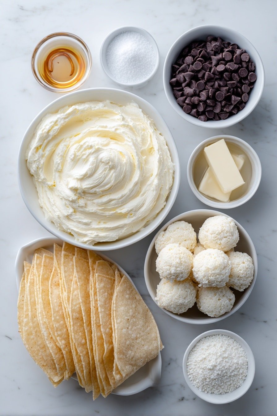 Flat lay of a simple white ceramic bowl of softened cream cheese, a small white bowl filled with powdered sugar, a tiny white bowl holding clear vanilla extract, a white ceramic bowl of fluffy whipped cream, several small balls of smooth edible cookie dough arranged neatly, a stack of golden crispy dessert taco shells, a small white bowl of semi-sweet chocolate chips, and a small white bowl with caramel sauce for drizzling, placed on a clean white marble surface, soft natural light, photo taken with an iPhone, professional food photography style, fresh ingredients, white ceramic bowls, no bottles, no duplicates, no utensils, no packaging --ar 2:3 --v 7 --p m7354639359234015250 — Cheesecake Cookie Dough Tacos, easy cheesecake desserts, no-bake cookie dough treats, handheld dessert recipes, indulgent sweet snacks