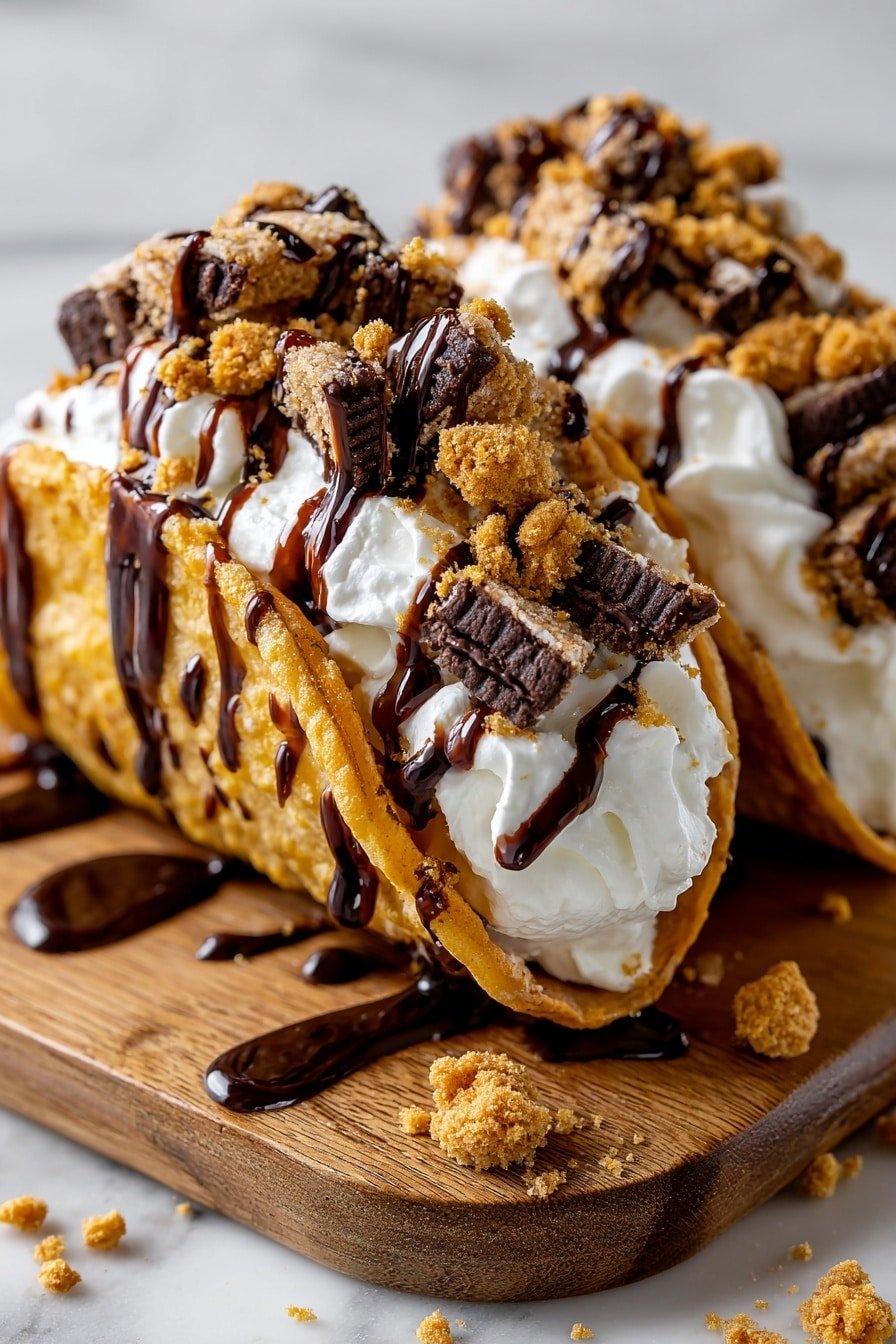 Two dessert tacos rest on a dark wooden board on a white marbled surface. Each taco has a golden brown, crunchy shell speckled with dark chocolate chips. Inside, there is a thick layer of smooth white cream filling with some swirls, topped with chunks of dark chocolate brownie and sprinkled with light brown cookie crumbs. Drizzles of dark chocolate sauce run over the shell and cream, adding shine and contrast. Extra cookie crumbs are scattered around the board, enhancing the texture and detail. Photo taken with an iphone --ar 2:3 --v 7 — Cheesecake Cookie Dough Tacos, easy cheesecake desserts, no-bake cookie dough treats, handheld dessert recipes, indulgent sweet snacks