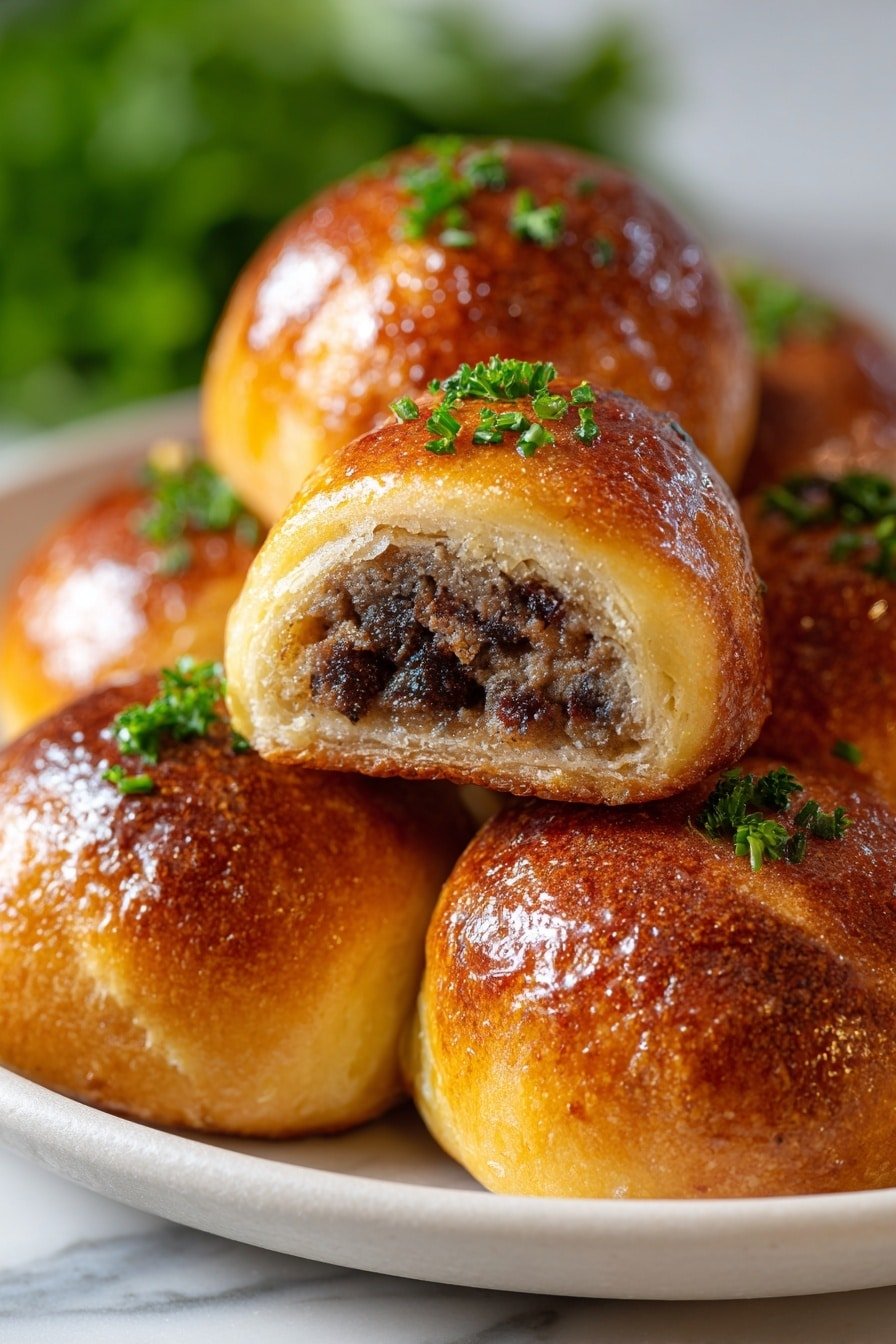 The dish shows two rolled wraps on a white plate, each with three visible layers inside: a bottom layer of bright red tomato pieces, a middle layer of browned ground meat mixed with melted pale yellow cheese, and a top layer of golden melted cheddar cheese covering the wrap, sprinkled with small green herbs. The outside of the wraps has a slightly toasted light golden brown color, and the plate is set on a white marbled surface with green parsley leaves around. photo taken with an iphone --ar 2:3 --v 7 — Garlic Butter Cheeseburger Rollups, cheeseburger rollups, savory stuffed rollups, easy beef appetizers, cheesy burger bites