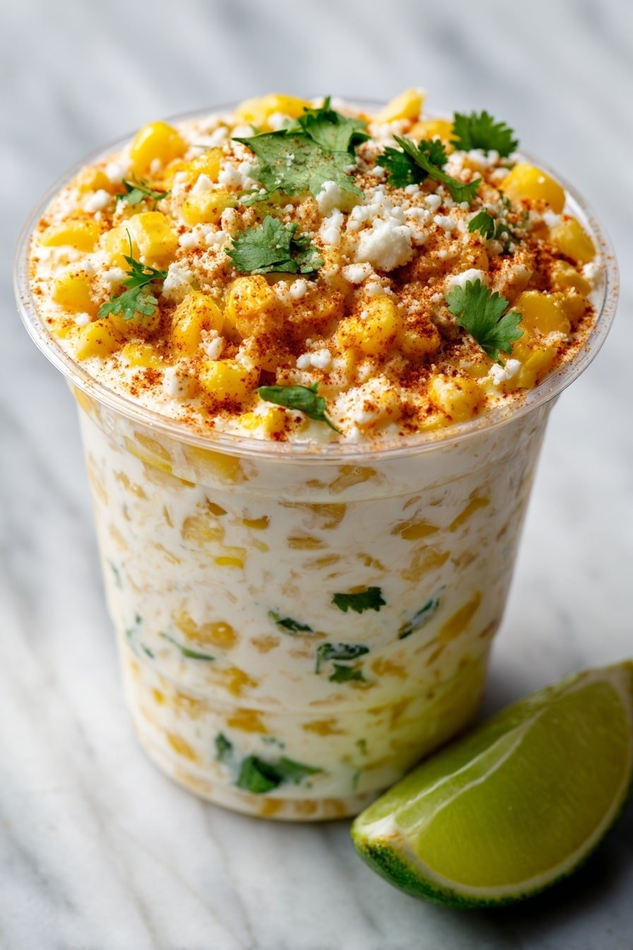 A clear plastic cup filled with three main layers; the bottom and middle layers are creamy white sauce mixed with bright yellow corn kernels and small bits of green herbs, giving a fresh look. The top layer is overflowing with yellow corn kernels, sprinkled generously with crumbly white cheese and a dusting of reddish-brown seasoning. Fresh green cilantro leaves are scattered on top, adding a pop of color. Next to the cup sits a fresh lime wedge, showing a bright green exterior and juicy light green inside. The cup is placed on a white marbled surface. photo taken with an iphone --ar 2:3 --v 7 — Creamy Mexican Street Corn Esquites, Mexican street corn, creamy corn side dish, easy Mexican corn recipes, flavorful esquites snack