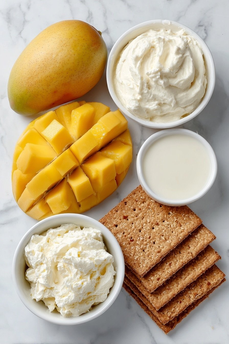 Flat lay of a small white ceramic bowl of all-purpose cream, a small white ceramic bowl of sweetened condensed milk, a small white ceramic bowl of evaporated milk, four ripe fresh mangoes with bright golden-yellow skin, a neat stack of rectangular graham crackers, placed on a clean white marble surface, soft natural light, photo taken with an iPhone, professional food photography style, fresh ingredients, white ceramic bowls, no bottles, no duplicates, no utensils, no packaging --ar 2:3 --v 7 --p m7354639359234015250 — Filipino Mango Float Dessert, Mango Float dessert recipe, no-bake Filipino dessert, tropical mango dessert, Filipino mango float