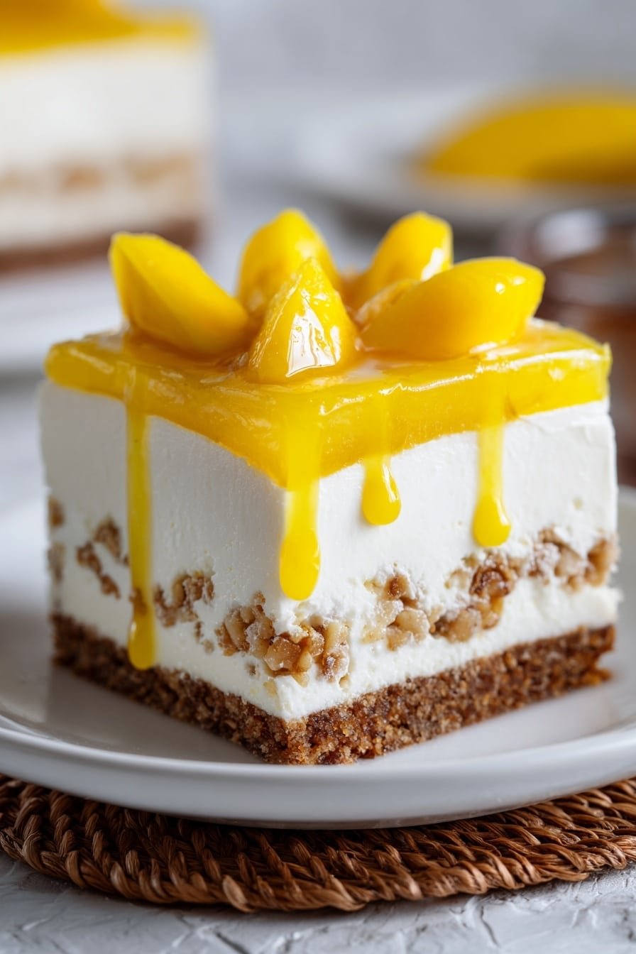 A three-layered square dessert with a crumbly light brown base, topped by a thick white creamy layer, followed by a bright yellow jelly-like layer, then repeated again with white cream and yellow jelly, finished with a white cream top sprinkled with more crumbs. On top, there are small yellow fruit pieces garnished with a few green leaves. The dessert sits on a white plate with a thin brown border, placed on a white marbled surface. Photo taken with an iphone --ar 2:3 --v 7 — Filipino Mango Float Dessert, Mango Float dessert recipe, no-bake Filipino dessert, tropical mango dessert, Filipino mango float