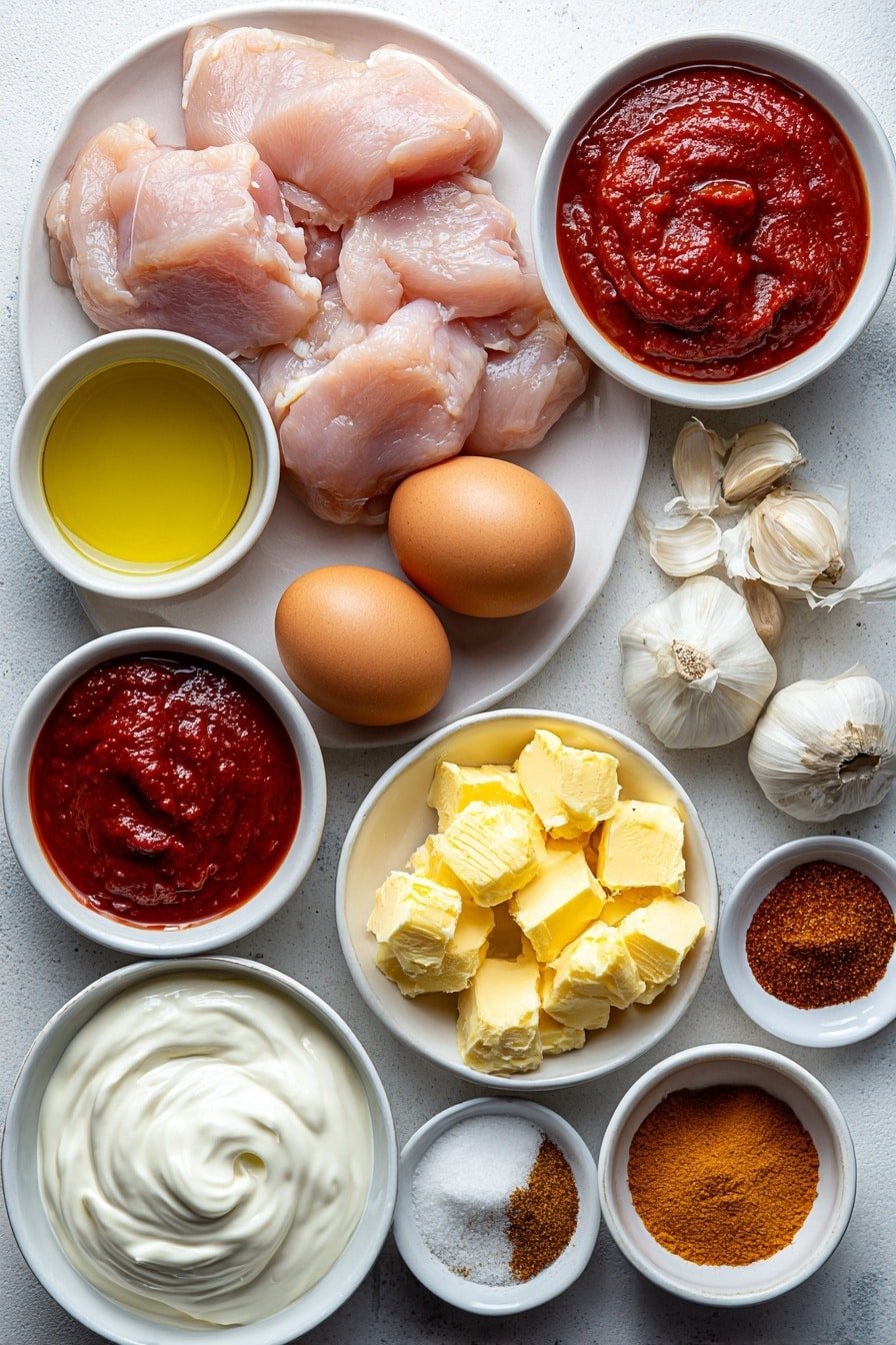 Flat lay of fresh raw chicken thigh chunks arranged neatly in a simple white ceramic bowl, whole uncracked eggs with clean brown shells beside a small white bowl of creamy Greek yogurt, a small white bowl filled with vibrant golden vegetable oil, a small white bowl holding rich yellow butter chunks, a small white bowl of bright red smooth tomato sauce, a medium fresh onion diced on a white ceramic plate, whole garlic bulbs with several peeled garlic cloves scattered nearby, small white bowls containing ground sweet paprika, curry powder, garlic powder, salt, black pepper, and sugar each in finely balanced portions, and a small white bowl of thick heavy cream, all placed on a clean white marble surface, soft natural light, photo taken with an iPhone, professional food photography style, fresh ingredients, white ceramic bowls, no bottles, no duplicates, no utensils, no packaging --ar 2:3 --v 7 --p m7354639359234015250 — Easy Homemade Butter Chicken, homemade butter chicken recipe, quick butter chicken, creamy butter chicken, Indian butter chicken