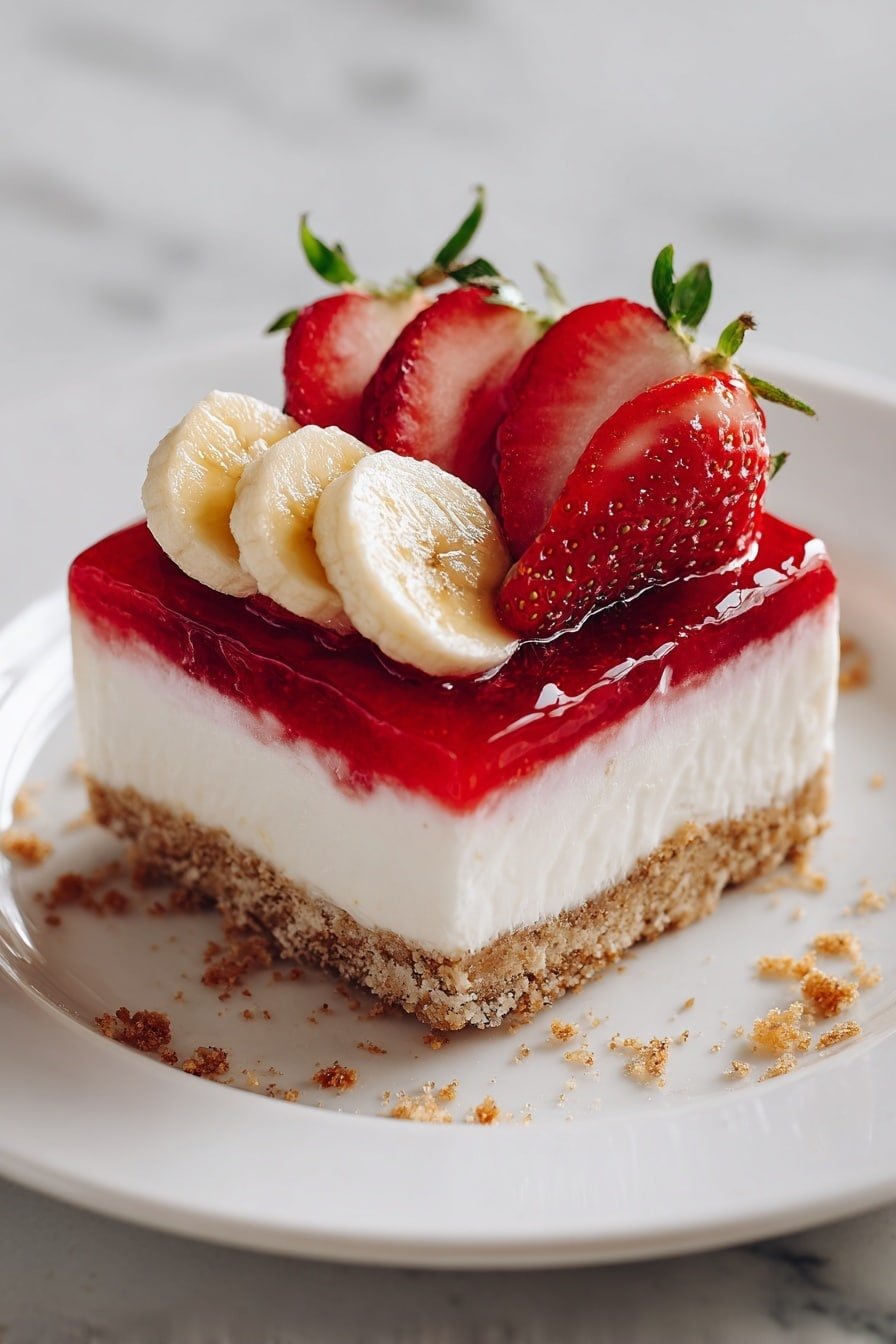 The image shows a square dessert with three clear layers on a white plate. The bottom layer is a rough, crumbly brown crust. The middle layer is thick and smooth, pale yellow cream. The top layer is a shiny red jelly with visible pieces of strawberry inside. On top, there are banana slices and a whole strawberry placed around a pile of brown crumbs in the center, with a green mint leaf next to the strawberry. Some crumbs are spread on the plate around the dessert. The background is a white marbled texture with a bowl of strawberries out of focus in the back. Photo taken with an iphone --ar 2:3 --v 7 — Banana Strawberry Cheesecake, banana strawberry dessert, easy cheesecake recipe, fruit cheesecake, no-bake cheesecake