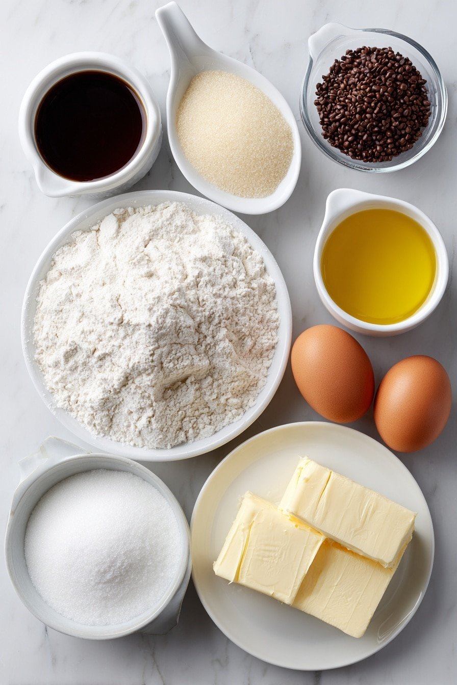 Flat lay of a small mound of all-purpose flour on a simple white ceramic plate, a neat pile of granulated sugar on another white plate, a small white bowl filled with sifted black cocoa powder, a few teaspoons of baking powder and baking soda arranged as white ceramic spoons with powder visible, a small heap of salt crystals on a white plate, a small white bowl containing clear hot water, a few dark brown instant espresso granules placed nearby on white ceramic, a white ceramic bowl with creamy buttermilk, a white ceramic bowl holding golden vegetable oil, two whole uncracked large brown eggs, a small white bowl with clear vanilla extract liquid, a soft block of unsalted butter on a white plate, and a larger white bowl filled with powdered sugar, all ingredients fresh and natural, perfectly symmetrical arrangement, no duplicates, no packaging, no utensils, no bottles, no textures or patterns, placed on a clean white marble surface, soft natural light, photo taken with an iPhone, professional food photography style, fresh ingredients, white ceramic bowls, no bottles, no duplicates, no utensils, no packaging --ar 2:3 --v 7 --p m7354639359234015250 — Black Velvet Cake, Black Velvet Cake recipe, chocolate velvet cake, deep chocolate cake, easy black velvet cake