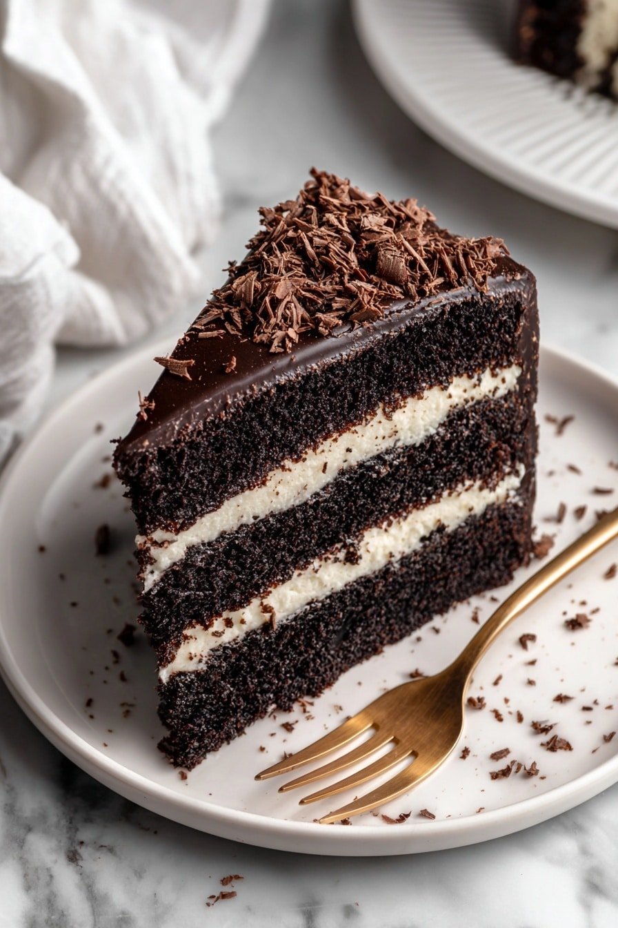A slice of dark chocolate cake with three layers: two thick, rich black cake layers separated by two thin white cream layers. The whole cake slice is covered with a smooth, dark chocolate frosting that shines slightly, topped with small crunchy bits of dark and light brown scattered near the edge. It sits on a white plate against a white marbled texture background. photo taken with an iphone --ar 2:3 --v 7 — Black Velvet Cake, Black Velvet Cake recipe, chocolate velvet cake, deep chocolate cake, easy black velvet cake