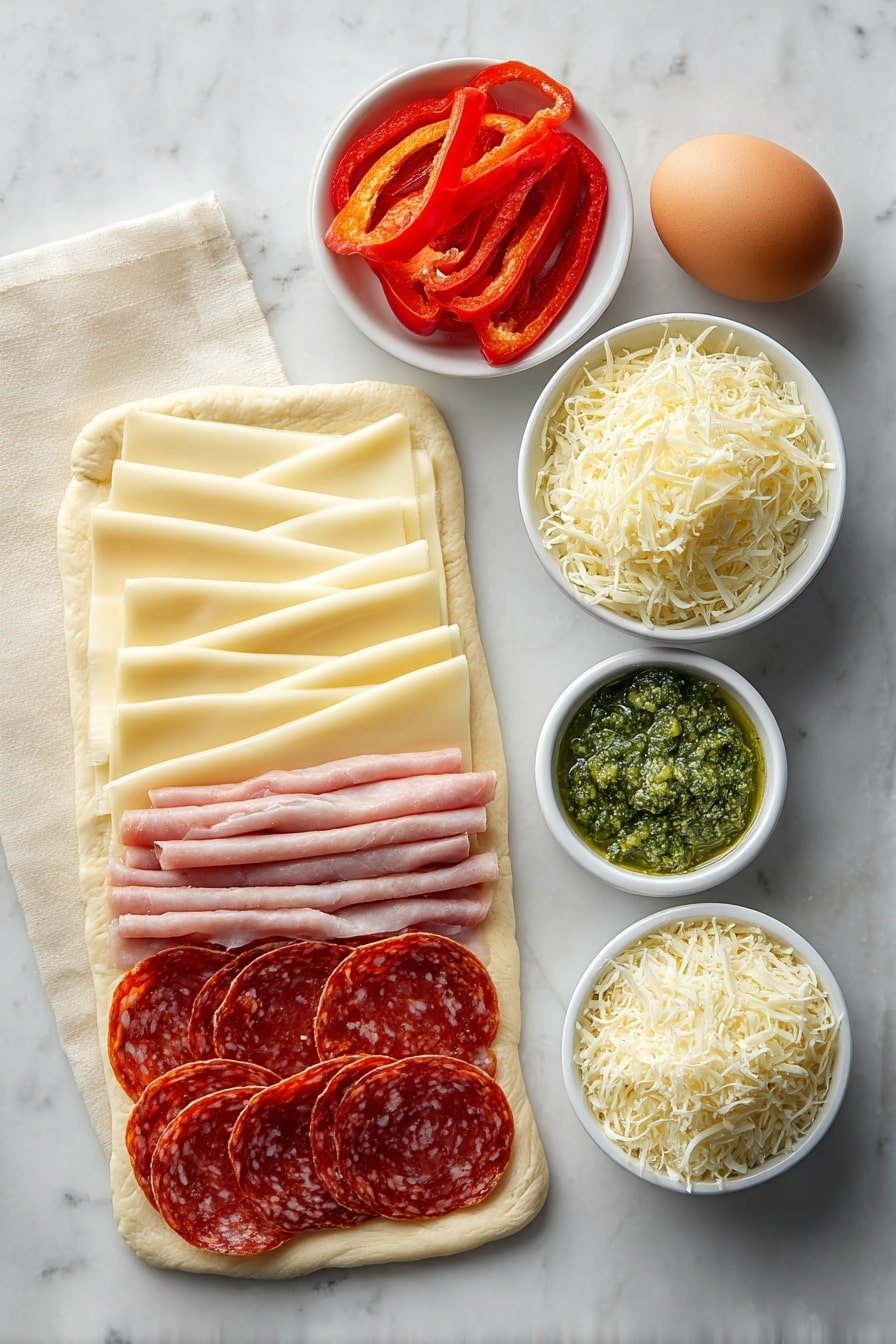 Flat lay of a large rectangle of pale, smooth crescent roll dough sheet, thin slices of creamy white provolone cheese neatly layered, overlapping slices of deep red pepperoni, pinkish-beige slices of deli beef ham, marbled reddish Genoa salami slices, a small white bowl with vibrant roasted red bell pepper strips, another small white bowl with bright green-yellow sliced pepperoncini, one large whole brown egg with clean shell, a small white bowl holding fresh green pesto sauce, a small white bowl containing finely grated pale yellow parmesan cheese, all arranged symmetrically and proportionally on a clean white ceramic plate and bowls placed on a clean white marble surface, soft natural light, photo taken with an iPhone, professional food photography style, fresh ingredients, white ceramic bowls, no bottles, no duplicates, no utensils, no packaging --ar 2:3 --v 7 --p m7354639359234015250 — Italian Beef Square Bites, Italian Beef Snack Recipe, Easy Italian Bites, Savory Italian Appetizers, Homemade Italian Beef Squares